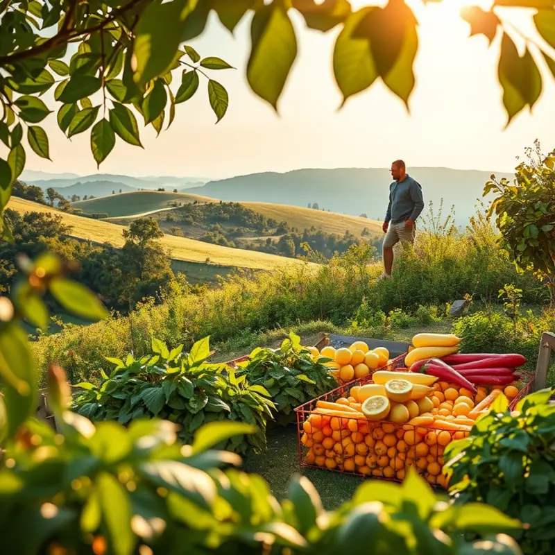 A vibrant field flourishing with organic vegetables and fruits.