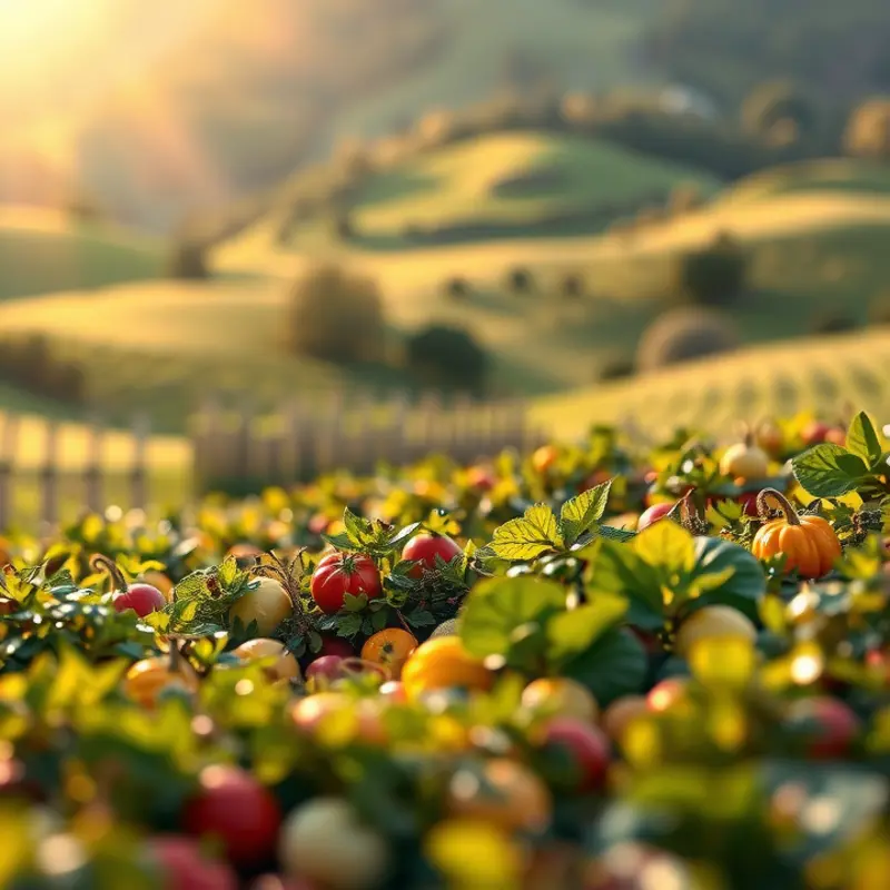 A sunlit field showcasing organic fruits and vegetables flourishing in a vibrant landscape.