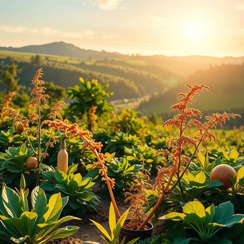 A vibrant and fresh sunlit orchard showcasing an abundance of organic vegetables and fruits.