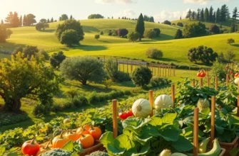 Lush field showcasing vibrant fruits with a backdrop of green hills and soft sunlight.