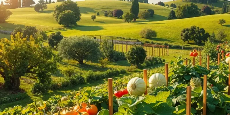 Lush field showcasing vibrant fruits with a backdrop of green hills and soft sunlight.