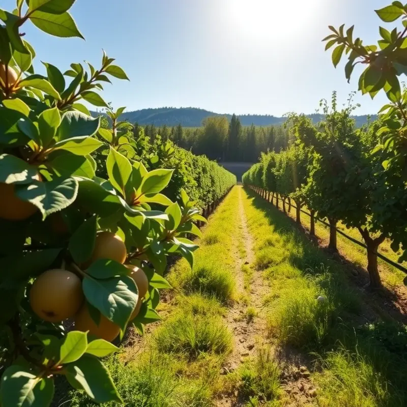 A vibrant orchard filled with ripe fruits under a sunlit sky.
