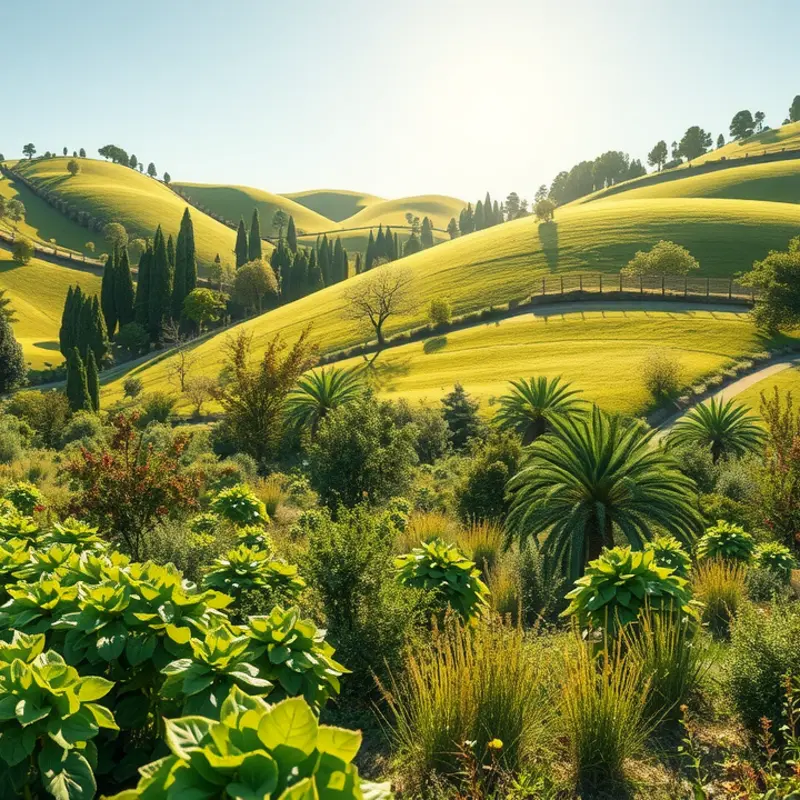 A sunlit orchard filled with vibrant organic vegetables and fruits.