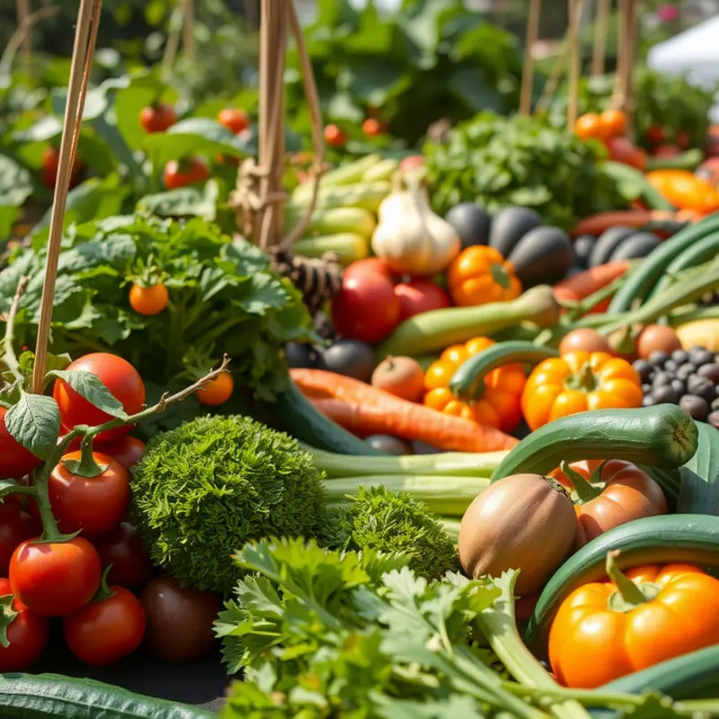 A verdant garden showcasing a variety of vibrant vegetables and fruits.