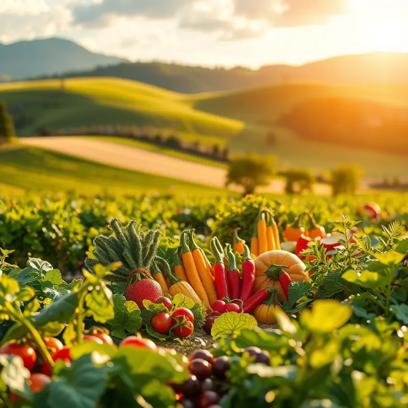 A sunlit field showcasing vibrant vegetables and fruits.
