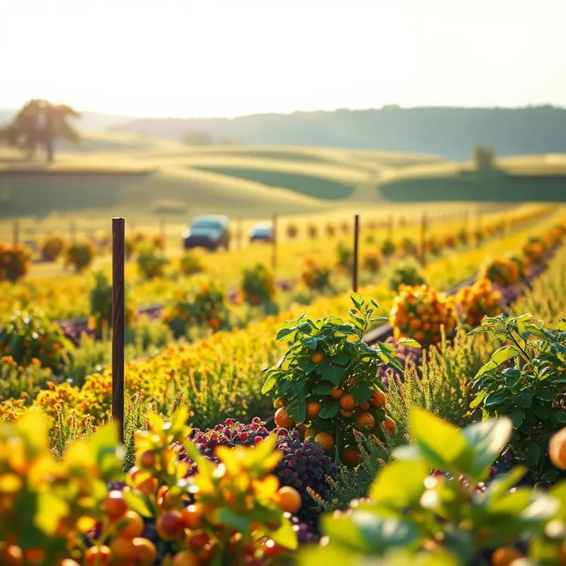 A vibrant orchard showcasing fresh fruits and vegetables in a serene setting.