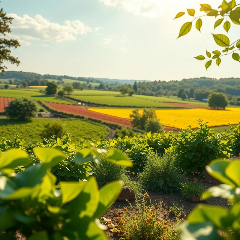 A sunlit organic orchard with vibrant produce.
