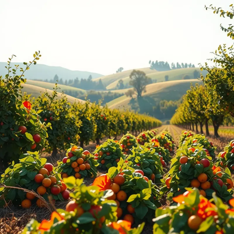 An idyllic sunlit field teeming with vibrant organic vegetables and fruits.