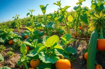 A scenic sunlit field filled with vibrant vegetables and fruits among lush greenery without any human figures.