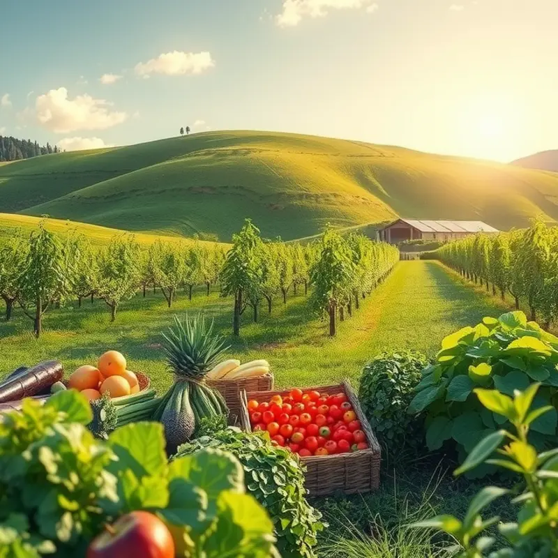 A sunlit field filled with vibrant vegetables and fruits, symbolizing the abundance of plant-based nutrition.