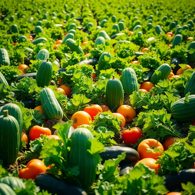 A sunlit orchard flourishing with vibrant fruits and vegetables, representing nourishment.
