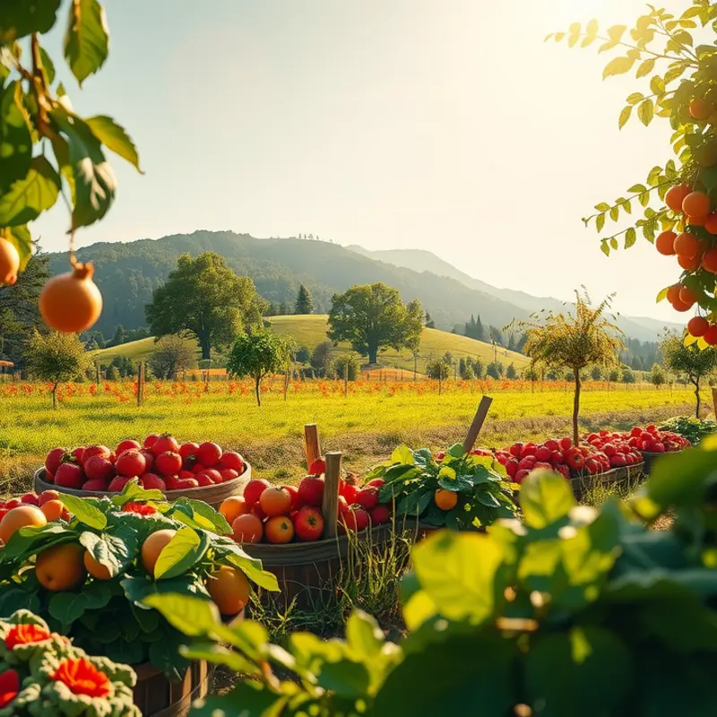 A sunlit field showcasing vibrant vegetables and lush greenery.