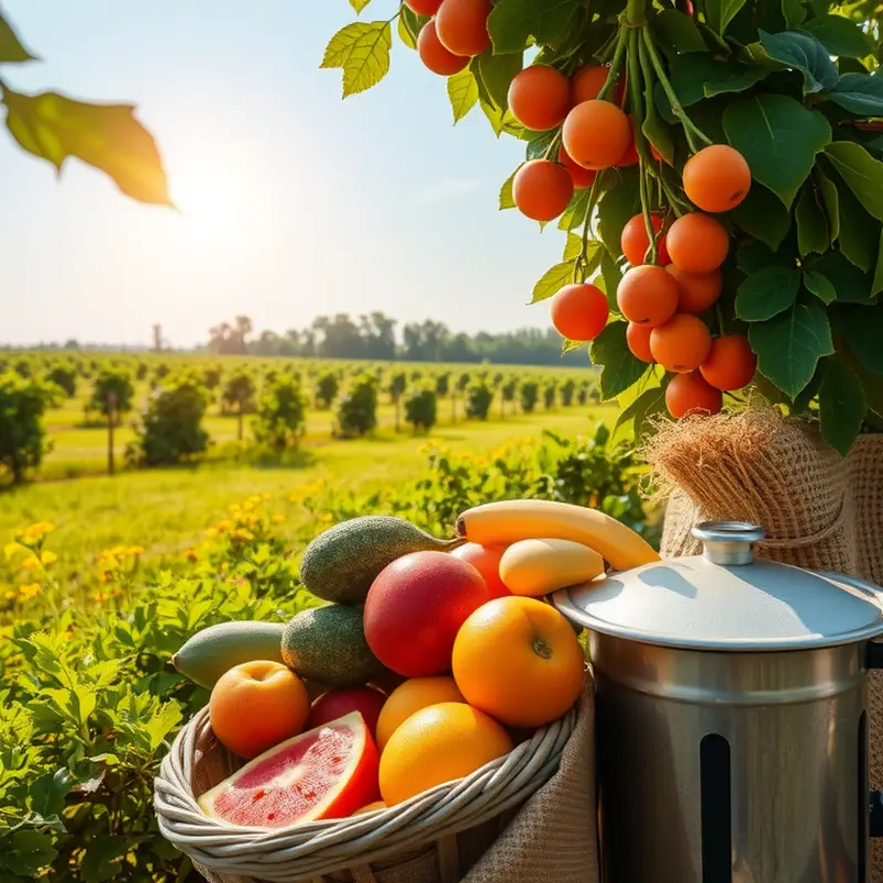 A vibrant field filled with fresh fruits and lush greenery.