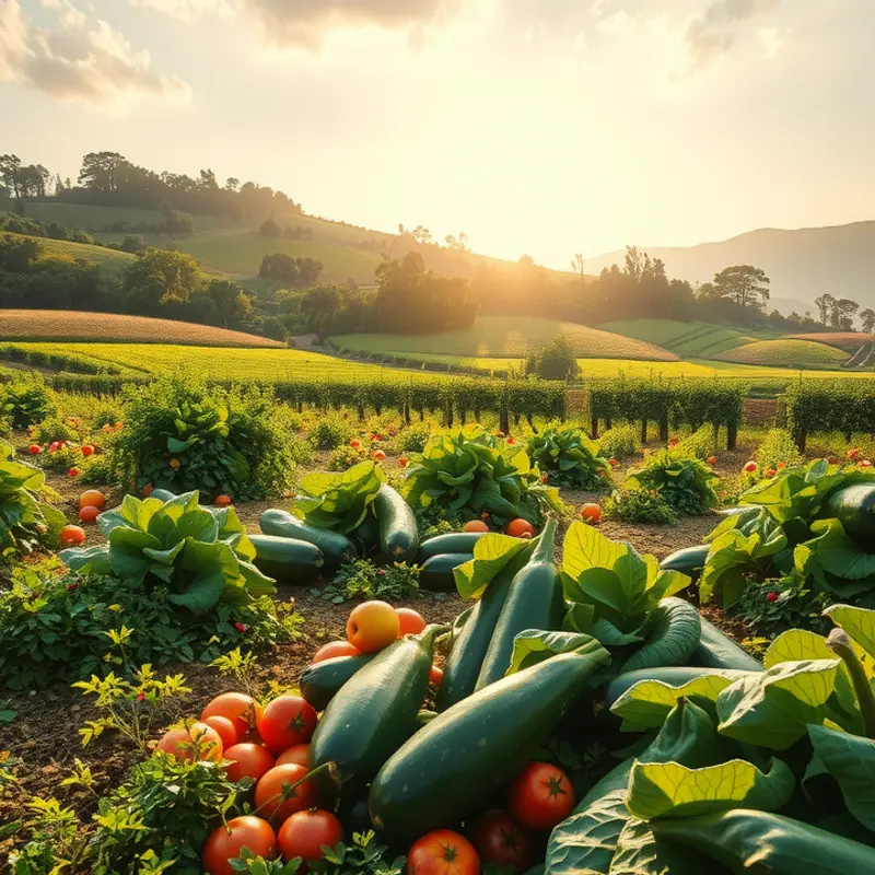 A sunlit field filled with vibrant organic vegetables and fruits.
