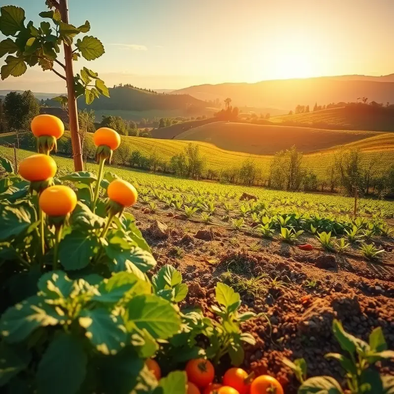 A sunlit orchard filled with vibrant vegetables and fruits, showcasing the beauty of organic produce.