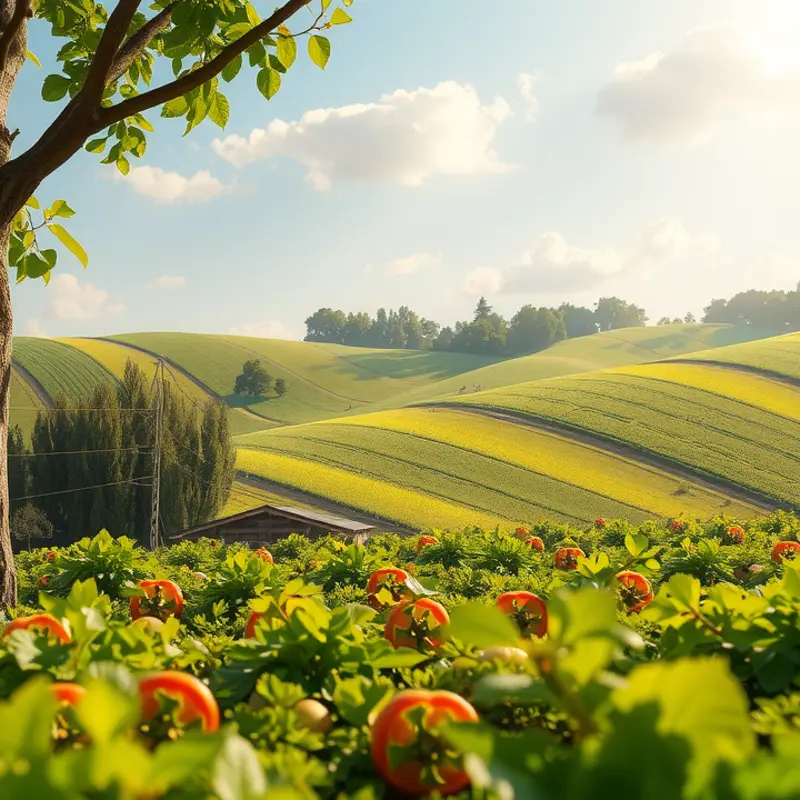 A vibrant sunlit field filled with fresh organic vegetables.