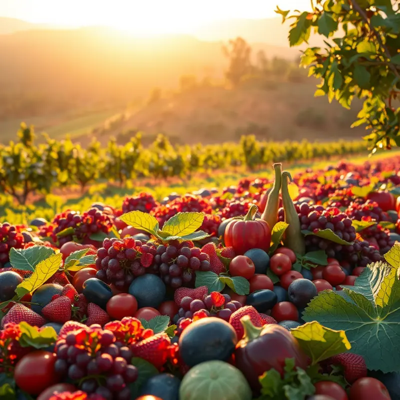 A sunlit orchard showcasing vibrant vegetables and fruits.