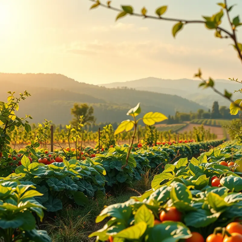 A sunlit orchard showcasing vibrant vegetables and fruits in a natural landscape.
