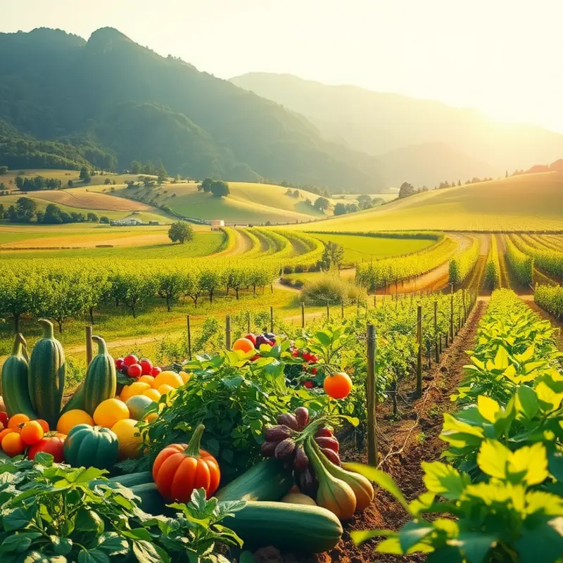 A vibrant field of fruits and vegetables symbolizing whole food nutrition.