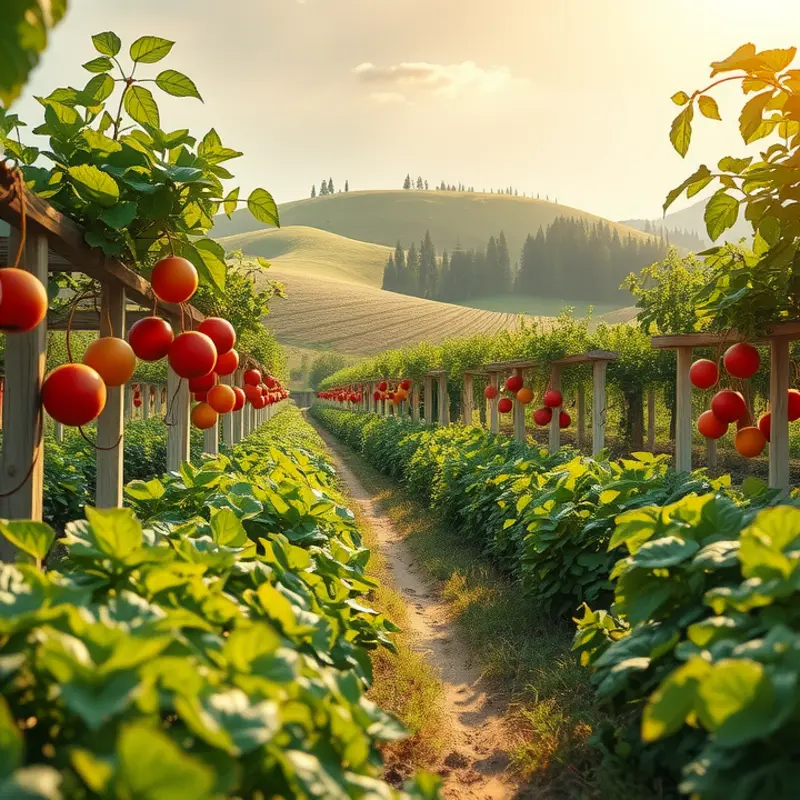A sunlit field overflowing with vibrant vegetables and fruits, symbolizing the abundance of nature.