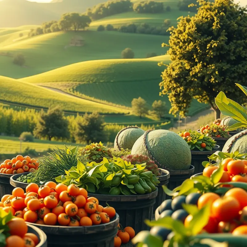 A sunlit orchard filled with vibrant vegetables and fruits, representing wholesome ingredients for emotional self-care.