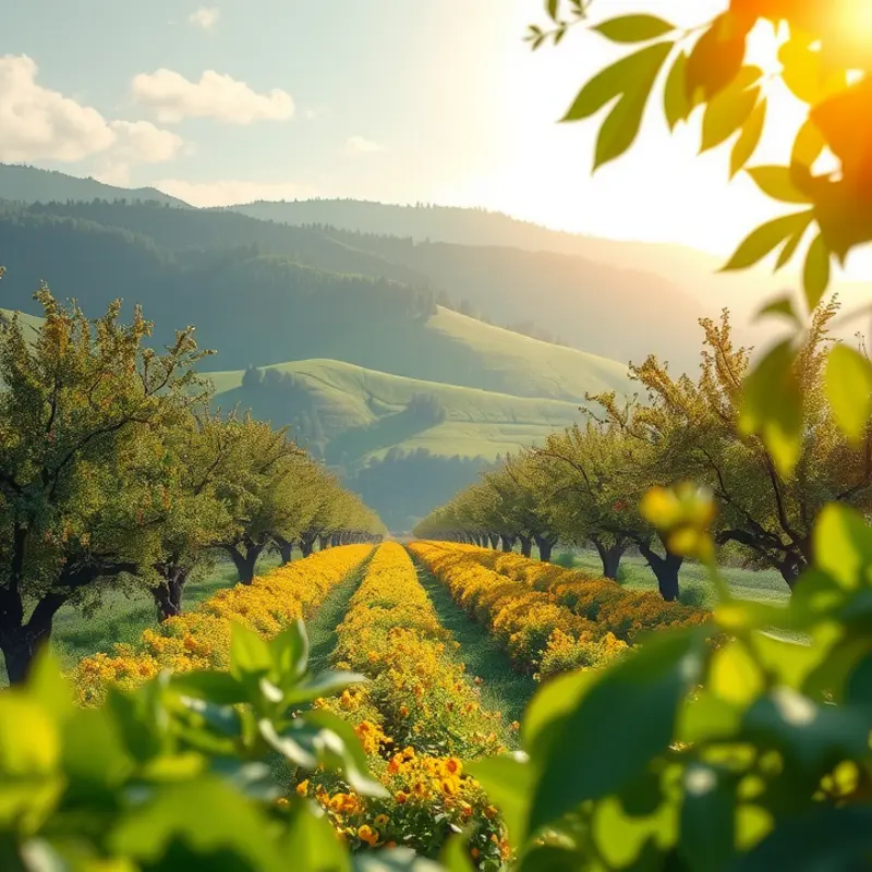 A sunlit orchard teeming with fresh vegetables and fruits.