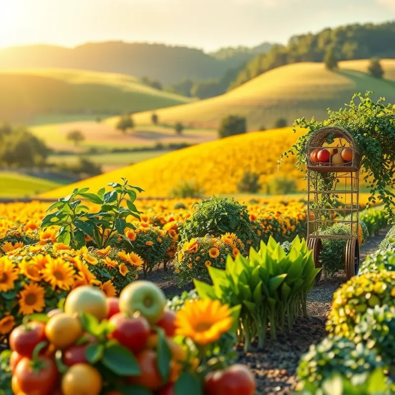 A vibrant field depicting fresh vegetables and fruits flourishing in natural surroundings.