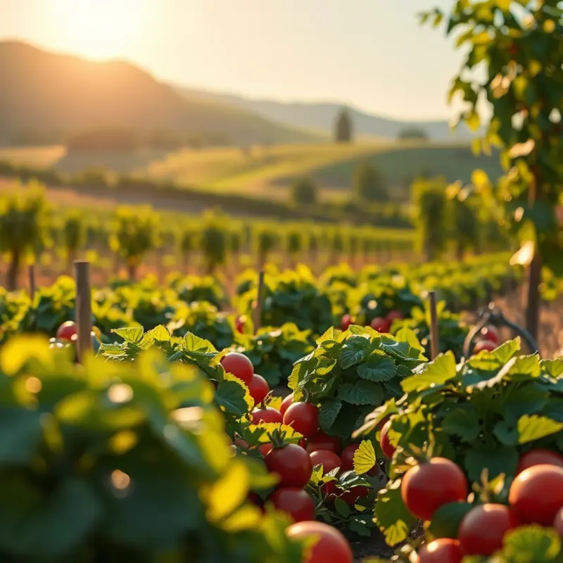 A vibrant sunlit field showcasing organic vegetables and fruits.