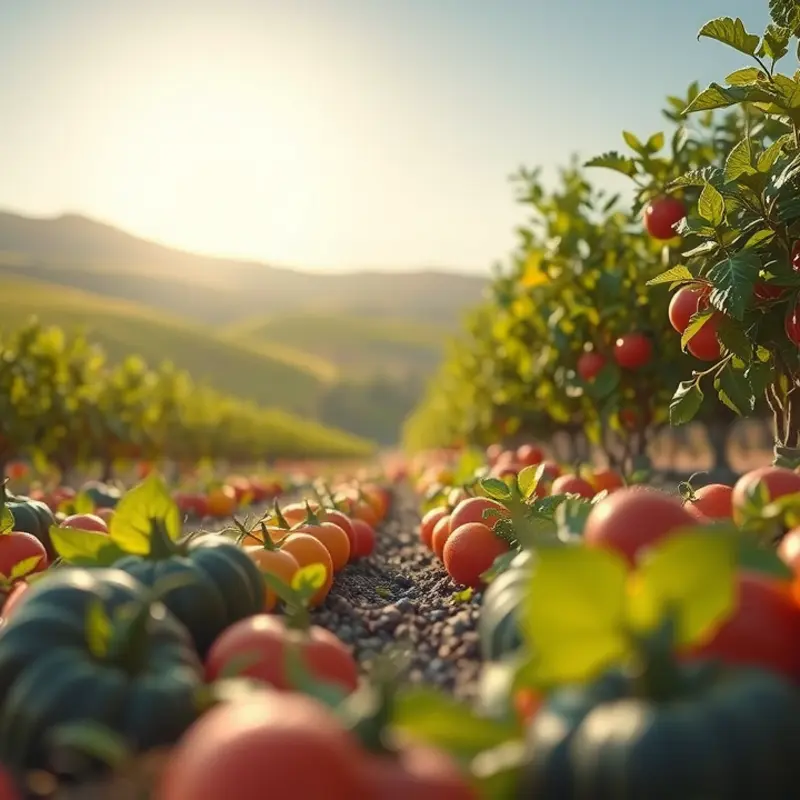 A vibrant field showcasing a variety of organic fruits and vegetables, symbolizing nature’s abundance.