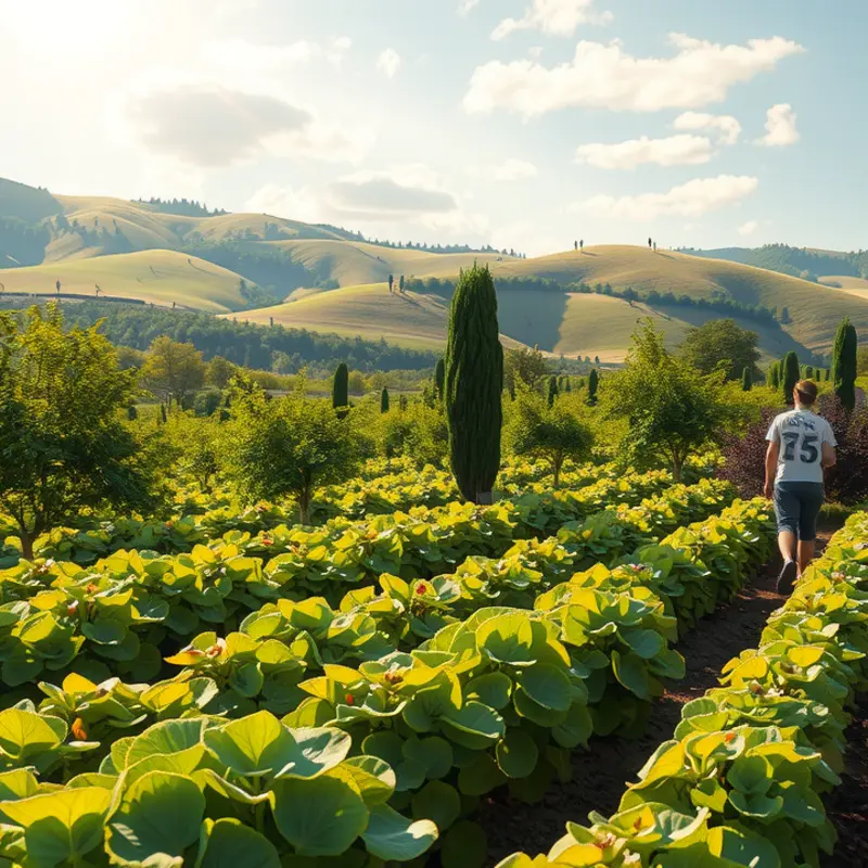 A vibrant sunlit field, rich with organic fruits and vegetables, reflecting nature’s abundance.