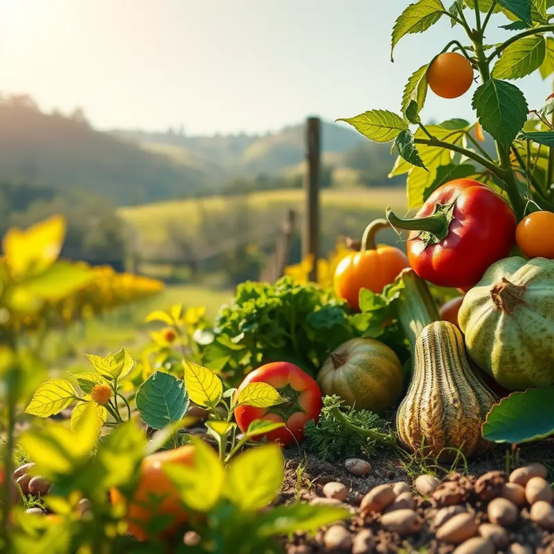 A tranquil orchard bustling with vibrant fruits and vegetables under a serene sky.