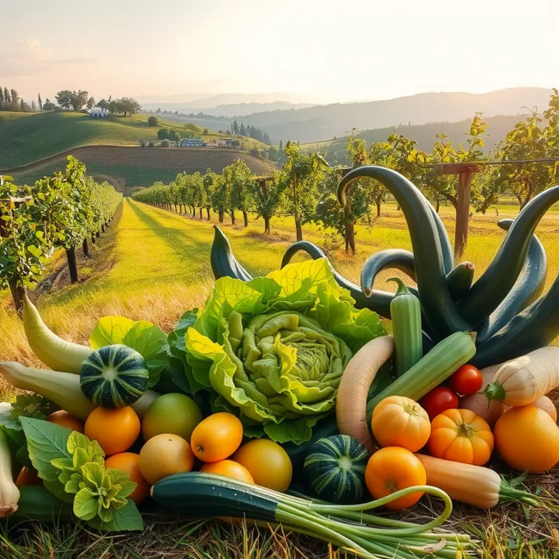 A sunlit field brimming with organic vegetables and fruits.