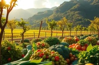 An expansive field featuring lush greenery and colorful organic produce under bright sunlight.