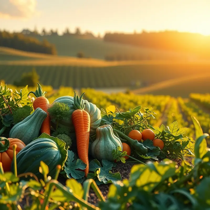 A serene sunlit field showcasing a vibrant array of organic vegetables and fruits.