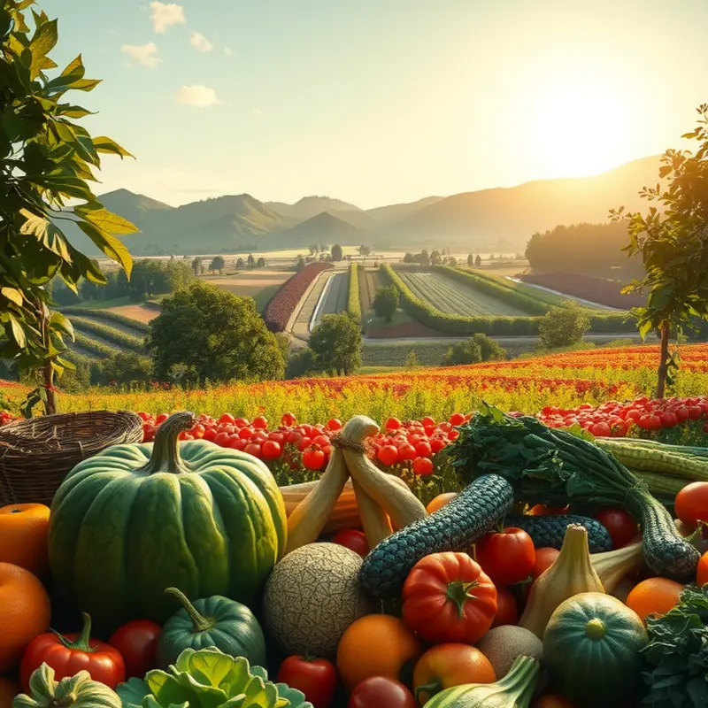 A lush sunlit field brimming with vibrant organic produce.