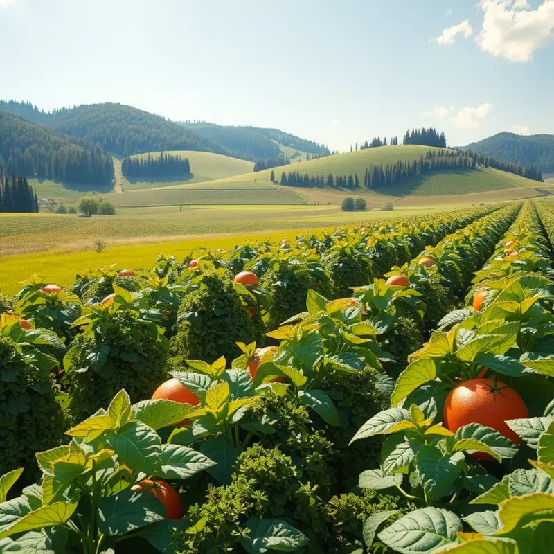 A vibrant orchard lush with organic fruits and vegetables under a sunlit sky.
