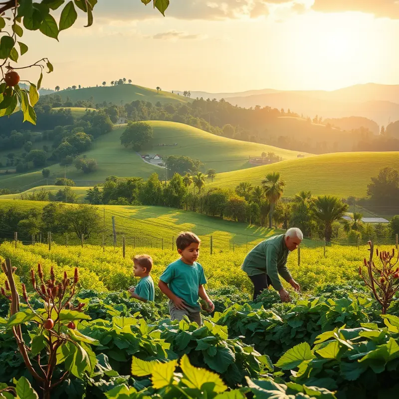 A sunlit field filled with vibrant vegetables and fruits, showcasing nature’s bounty.