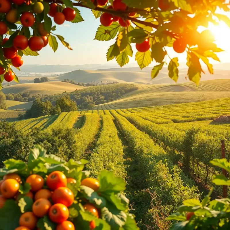 A sunlit field full of vibrant vegetables and fruits growing in harmony with nature.