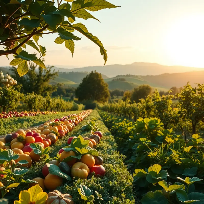 A scenic orchard filled with marula fruit trees under soft sunlight.