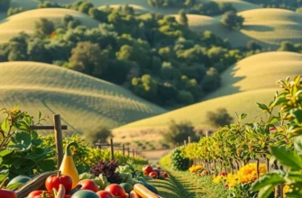 A photorealistic landscape depicting a lush field rich with various fruits and vegetables.