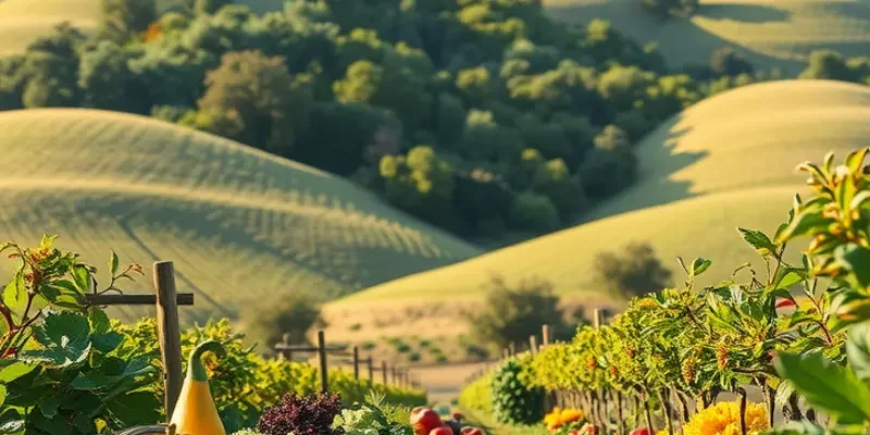 A photorealistic landscape depicting a lush field rich with various fruits and vegetables.