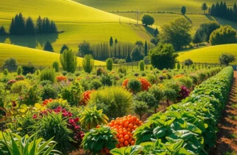 A picturesque view of a lush field filled with vibrant fruits and vegetables surrounded by gentle hills.