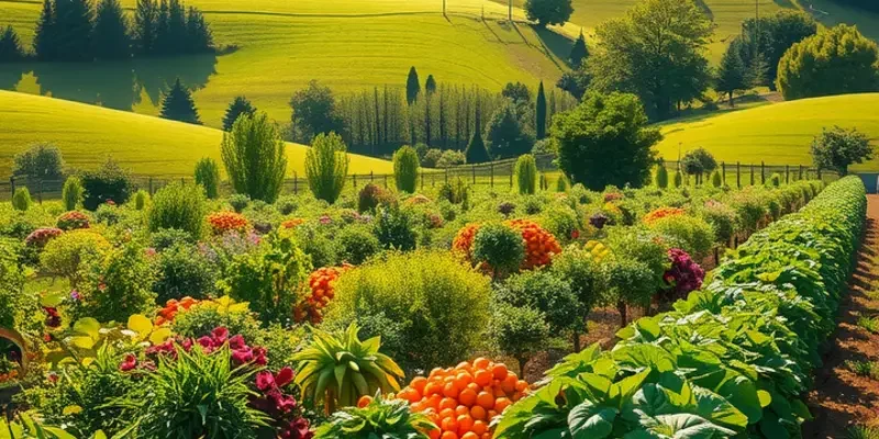 A picturesque view of a lush field filled with vibrant fruits and vegetables surrounded by gentle hills.