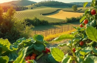 A scenic view of a lush field filled with vibrant organic vegetables and fruits under sunlight.