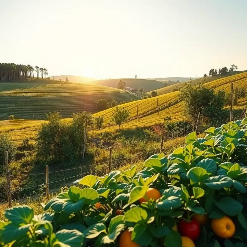 A vibrant sunlit field with organic fruits and vegetables.