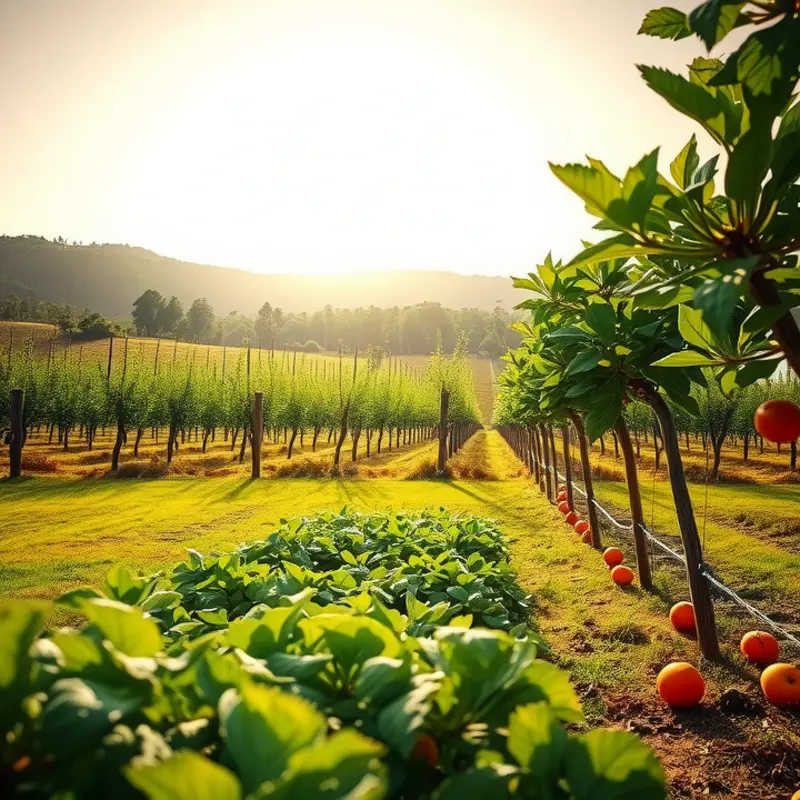 A sunlit field filled with vibrant vegetables and fruits, symbolizing freshness and abundance.