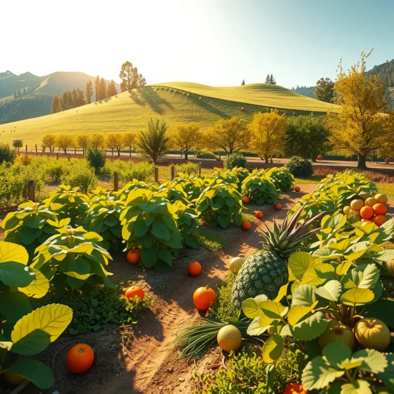 A sunlit field abundant with vibrant organic produce, symbolizing fresh breakfast ingredients.