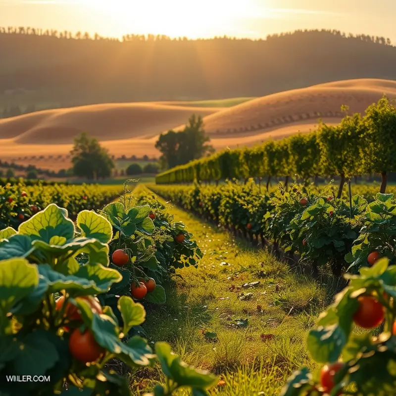 A serene sunlit field bursting with vibrant, organic fruits and vegetables.