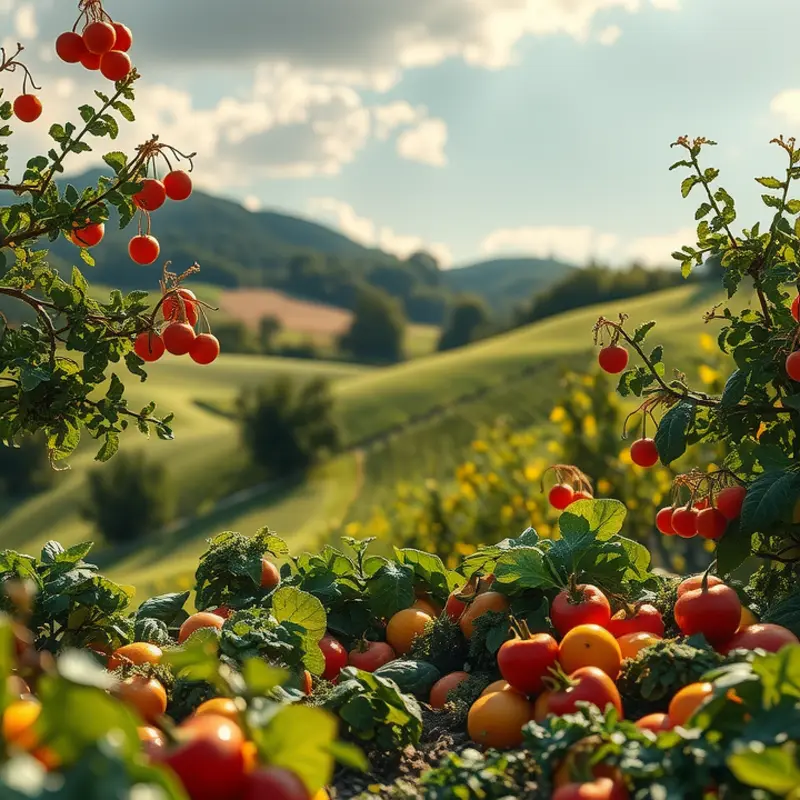 A sunlit field full of vibrant vegetables and fruits, showcasing the abundance of nature.