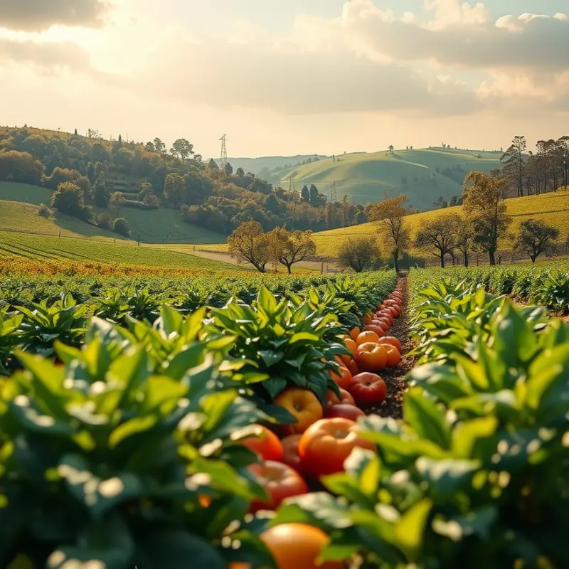 A vibrant sunlit field showcasing organic fruits and vegetables.